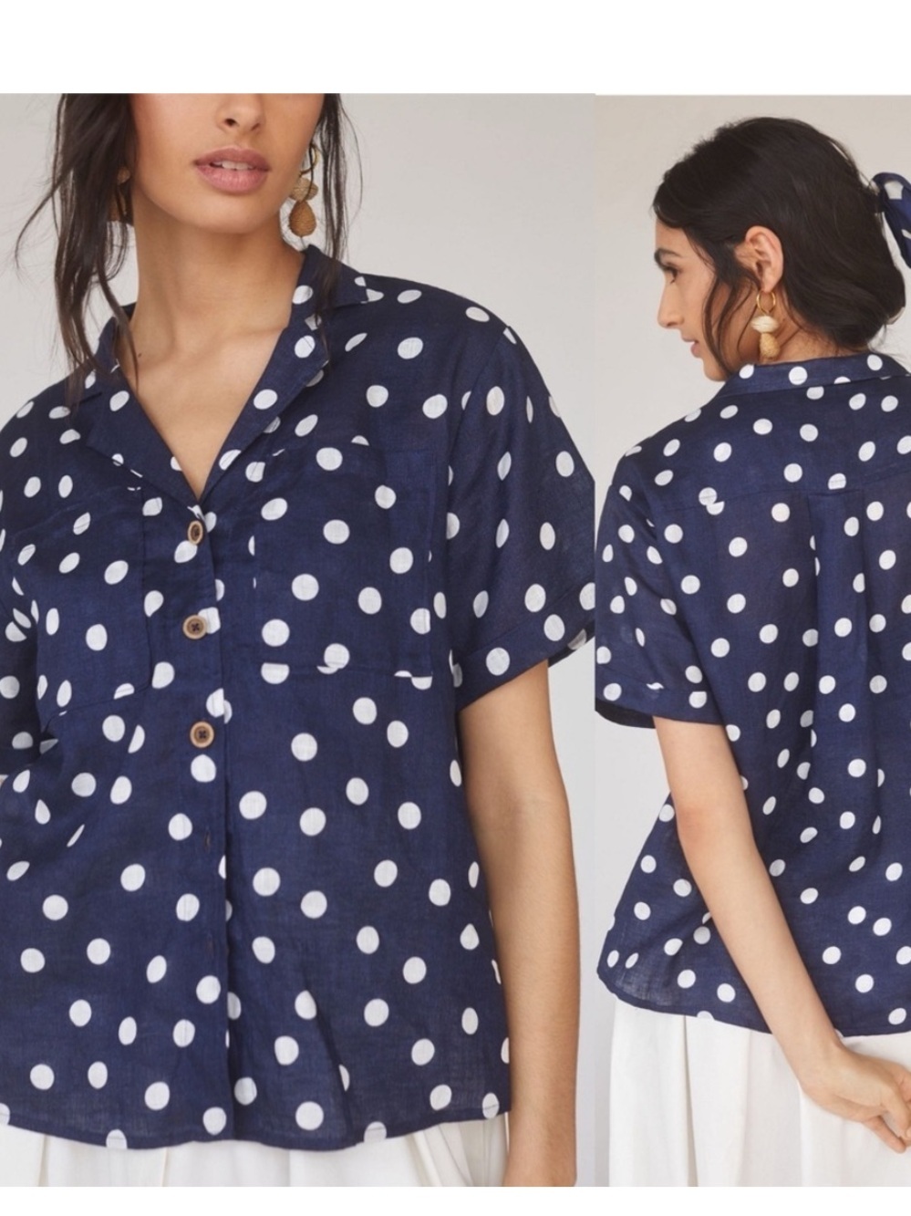 EUC! Maeve Navy Blue/White Polka Dot Button-Down Shirt 100% Linen Great Quality